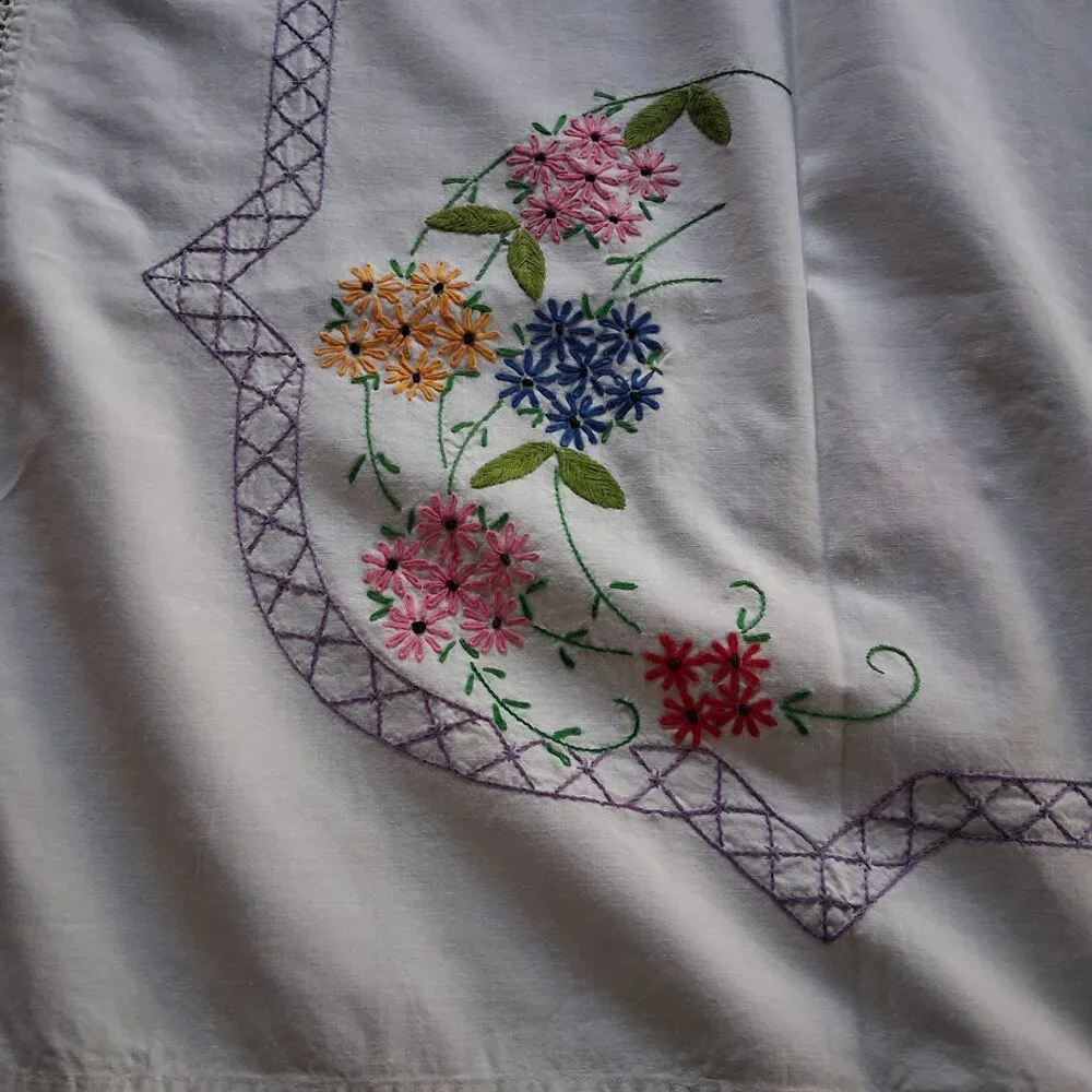 🌸 Vintage Floral Embroidered Tablecloth • Crochet Lace Edge • 54x58 Multicolor